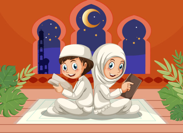 Muslim Couple Praying Cartoon Character