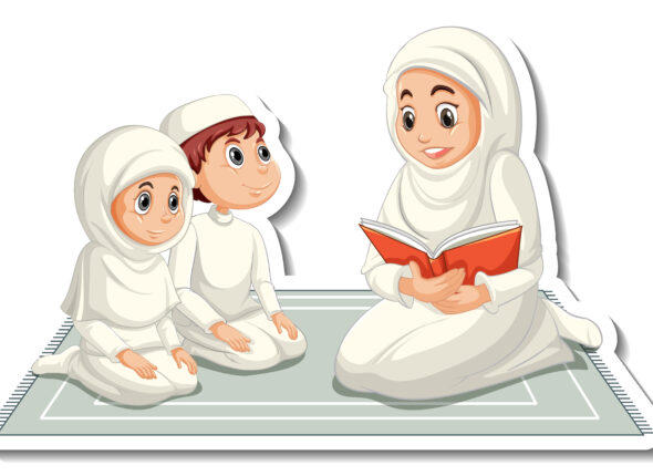 A sticker template with muslim people mother reading a book to h
